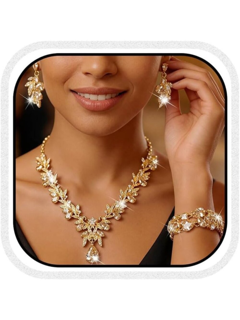Elegant Gold Jewelry Set with Rhinestones - Wedding Necklace, Earrings